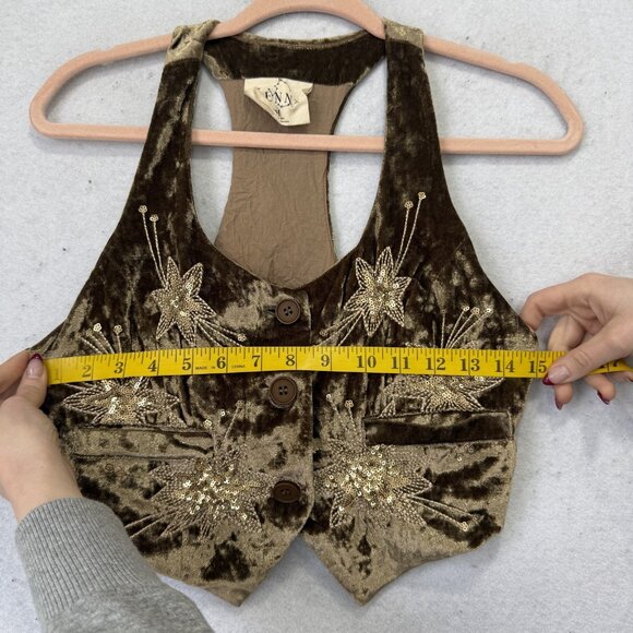 LENNI Vest Womens Medium Brown Velvet Sequin Embroidered Floral Boho Cropped - Picture 5 of 9